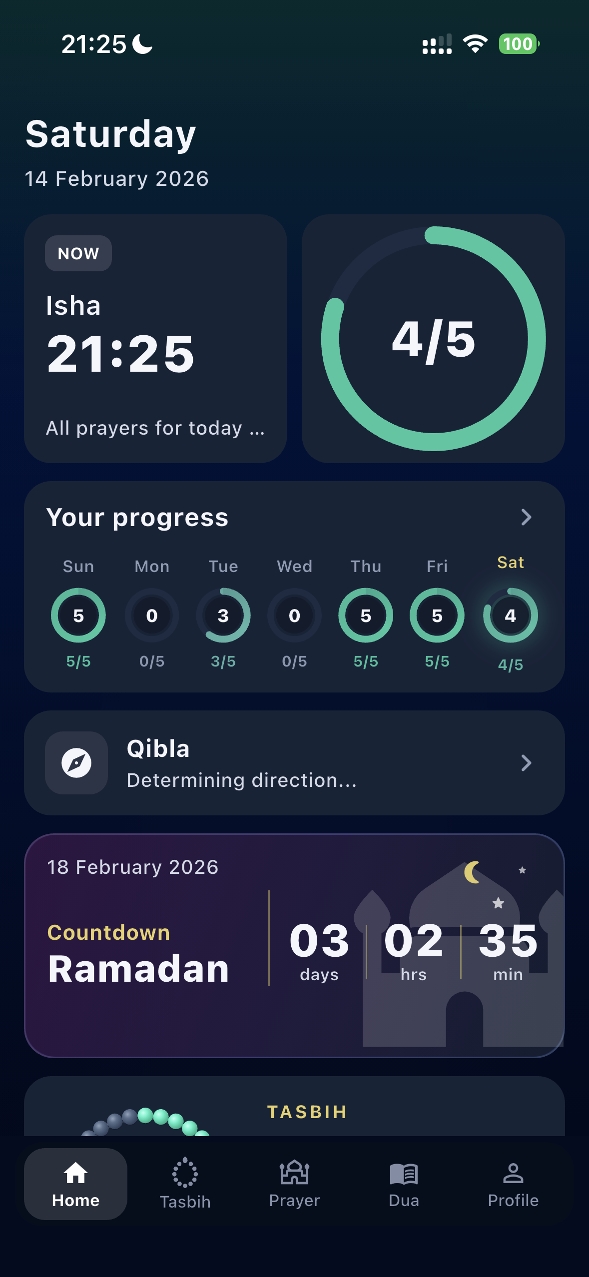 Muslim Bro home screen with prayer, Quran, and event modules.