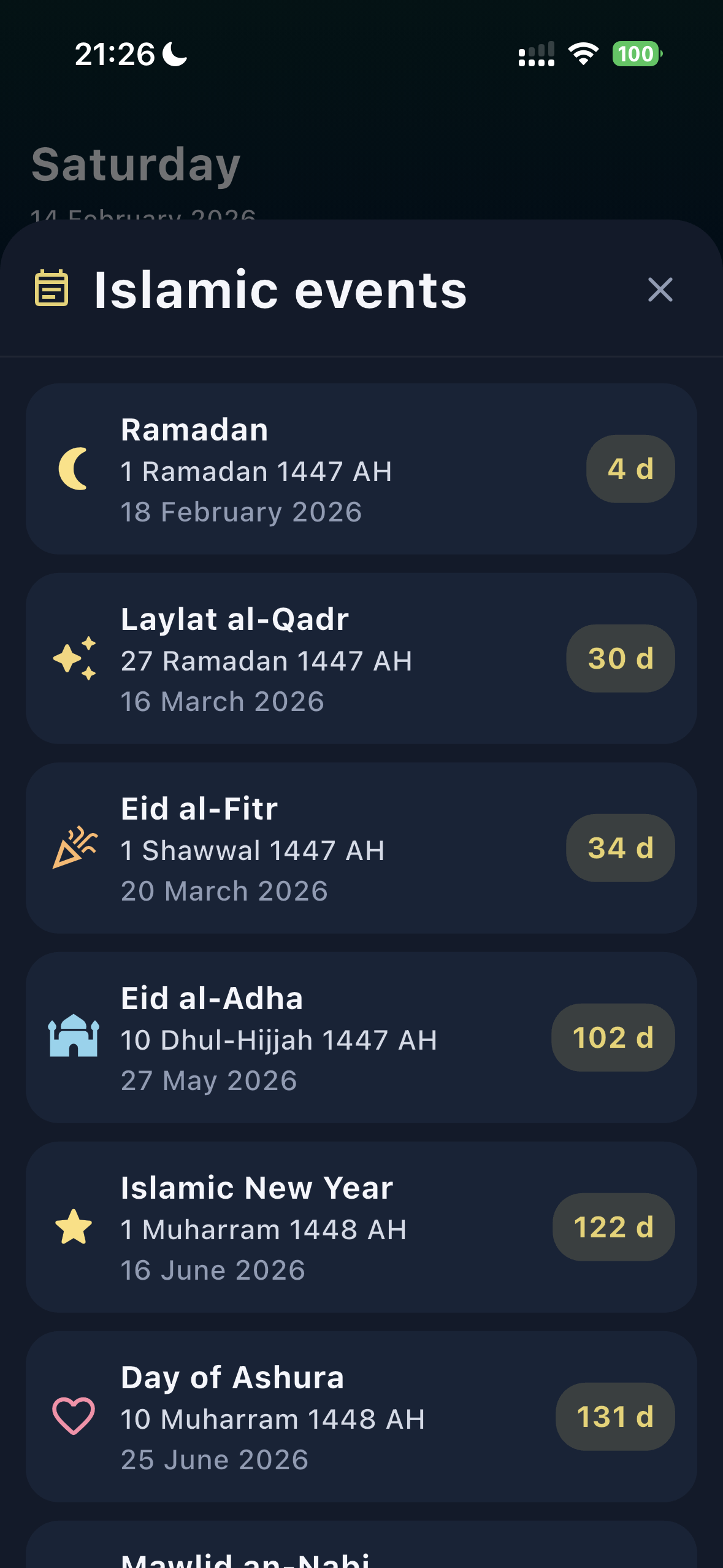 Prayer screen with daily progress and current prayer status.