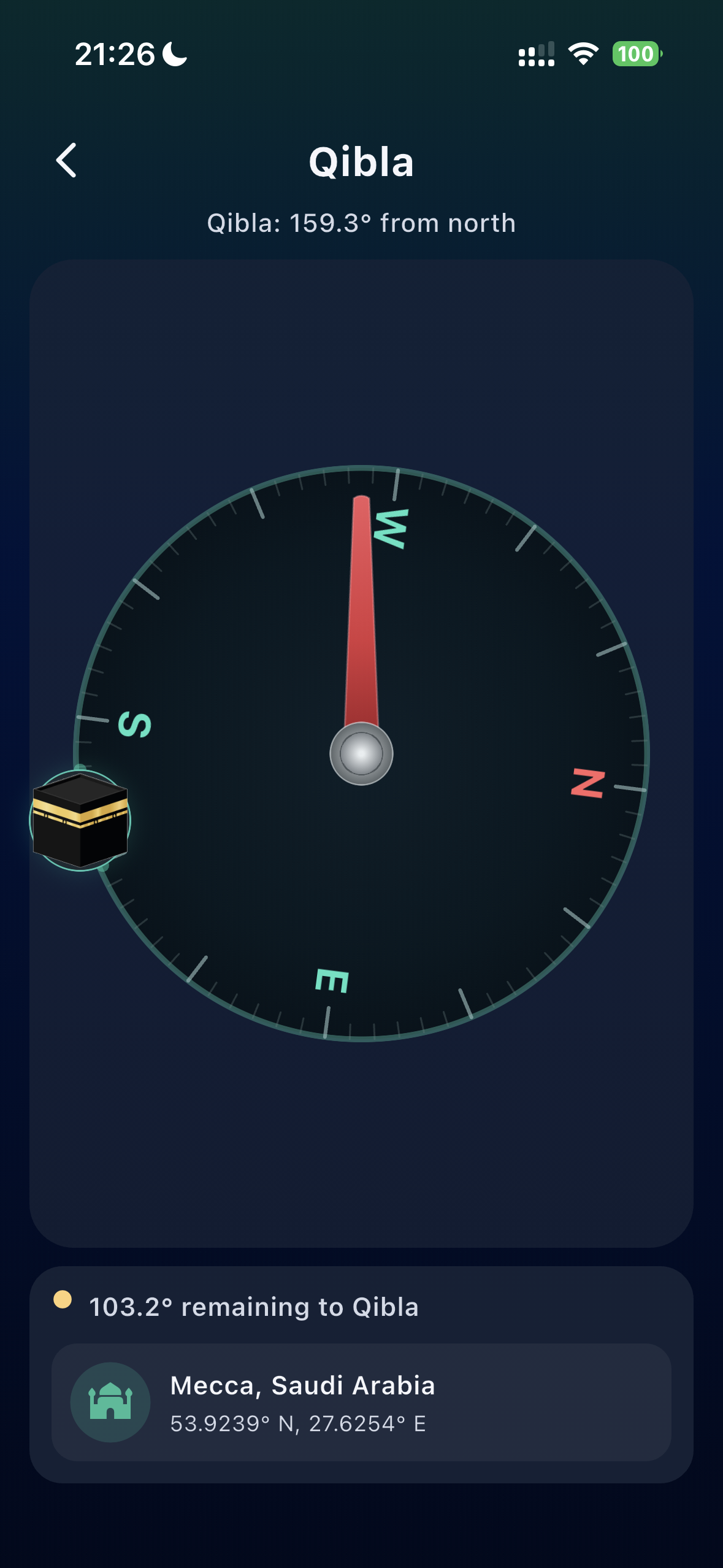 Qibla screen with direction and angle guidance.