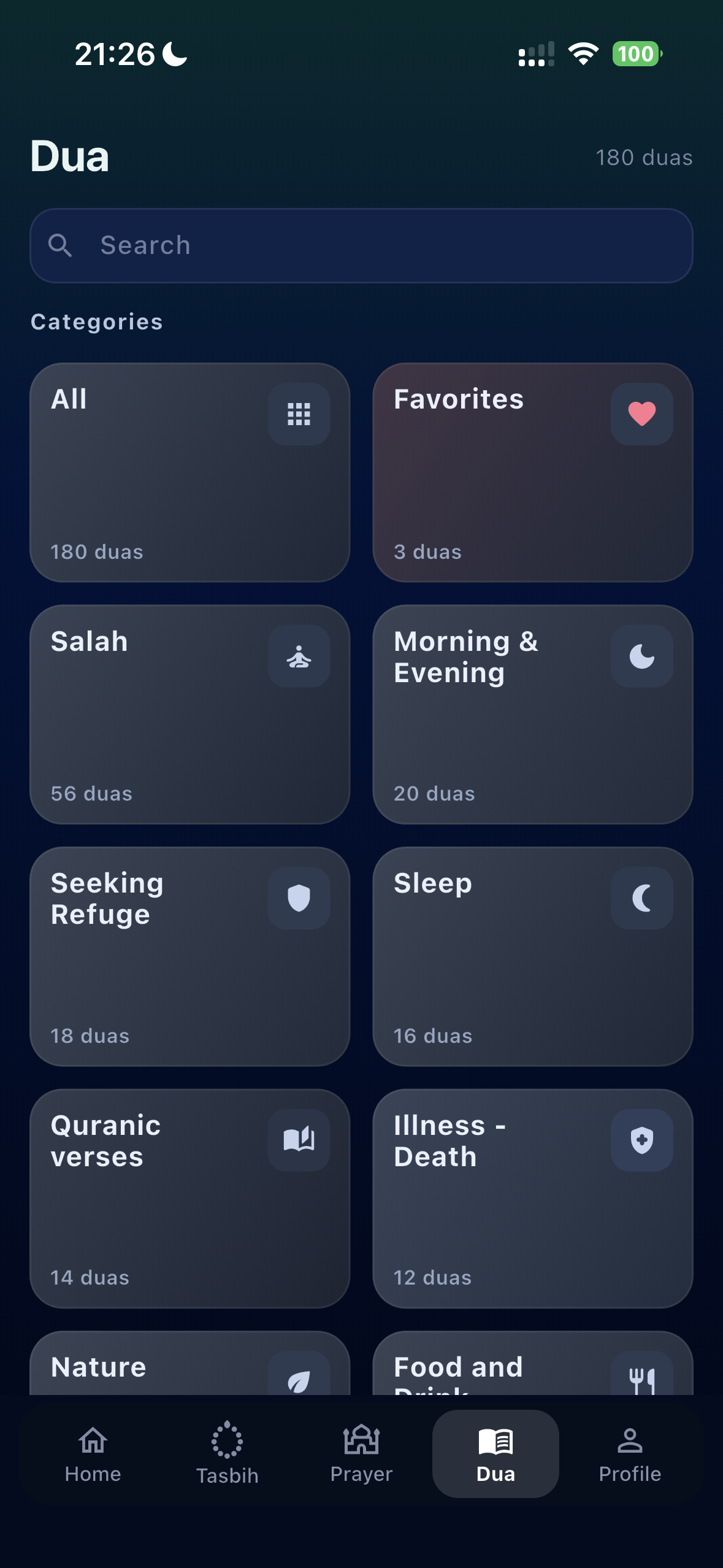 Tasbih screen for focused dhikr repetitions.